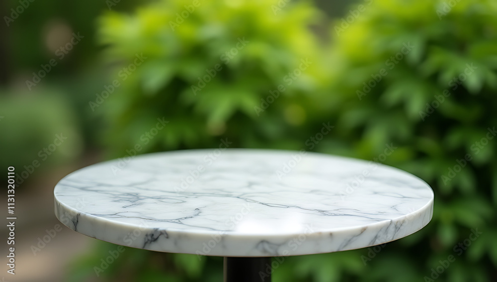 Poster A selective focus image of a circle marble table top on a blur green garden background is suitable for a key visual or design layout._00002_
