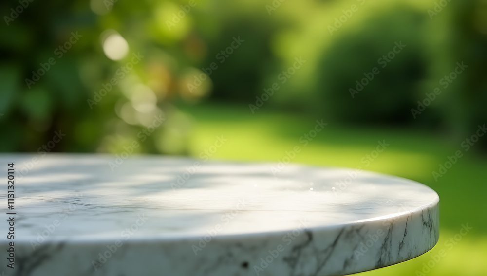 Poster A selective focus image of a circle marble table top on a blur green garden background is suitable for a key visual or design layout._00004_
