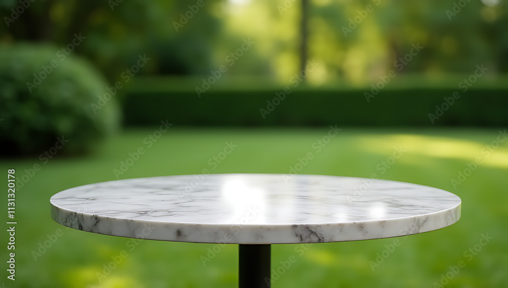 Poster A selective focus image of a circle marble table top on a blur green garden background is suitable for a key visual or design layout._00001_