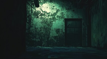 Obraz premium grungy abandoned room with dark texture and eerie green lighting creating a mysterious atmosphere for horror or thriller themes