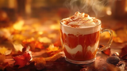 Warm Autumn Latte with Whipped Cream and Spice Surrounded by Colorful Fallen Leaves