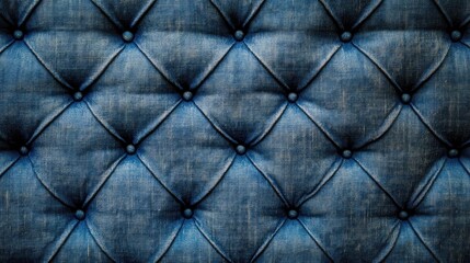 Fototapeta premium Textured fabric background with tufted design featuring deep blue tones and intricate detailing for elegant design applications.