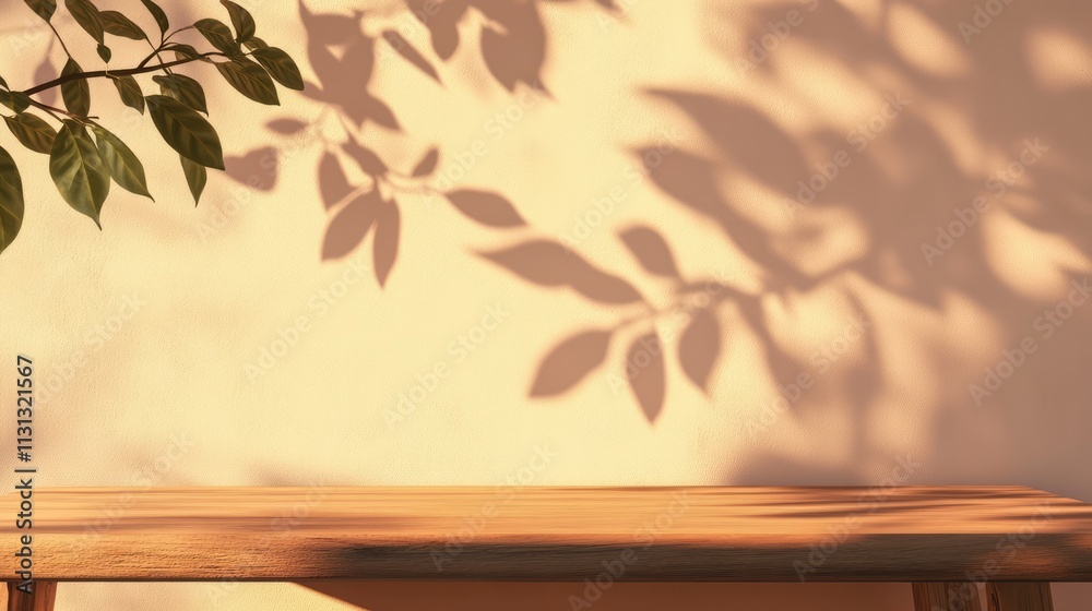 Poster empty tabletop with soft shadows from leaves on a wall creating a serene backdrop ideal for showcasi