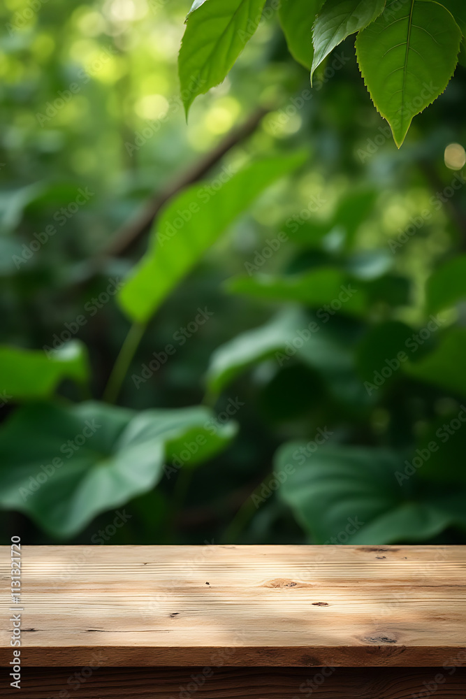 Poster a real wood tabletop is set against a garden background featuring textures of leaves from various tr