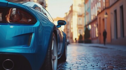Naklejka premium Blue car on cobblestone street