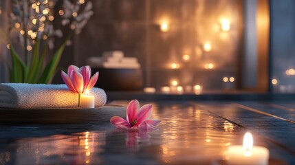 Relaxing spa atmosphere with candles and pink tulips creating a tranquil ambiance for wellness and rejuvenation experiences
