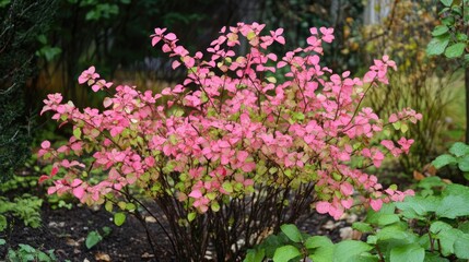 Euonymus alatus with Autumn Foliage in a Tranquil Woodland Garden Setting