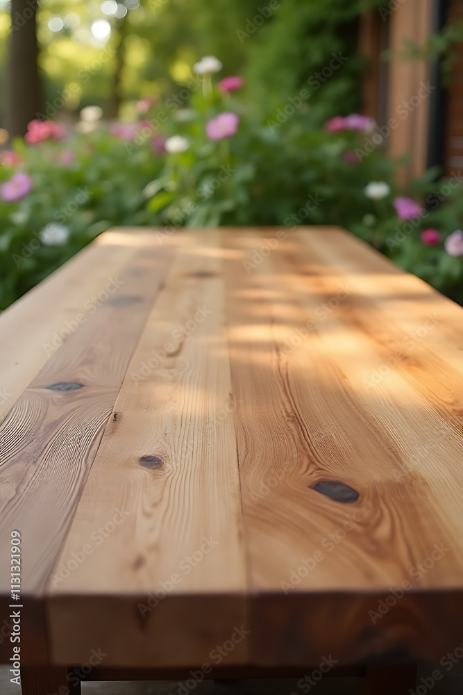 Poster A real wood table top features a textured design blended with subtle blur elements from a serene garden scene in floral colors._00004_