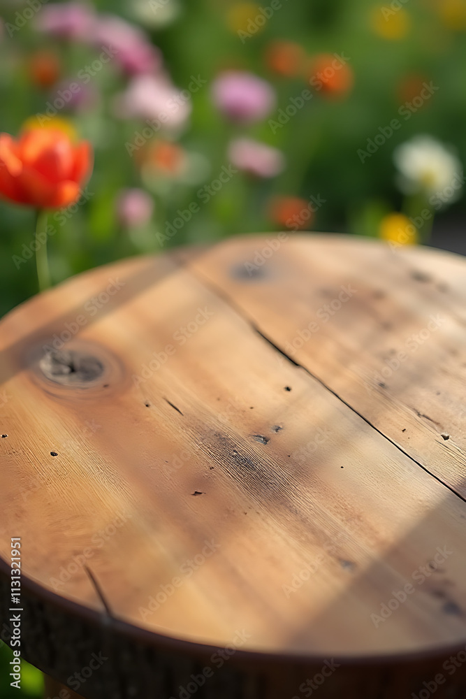 Poster A real wood table top features a textured design blended with subtle blur elements from a serene garden scene in floral colors._00003_
