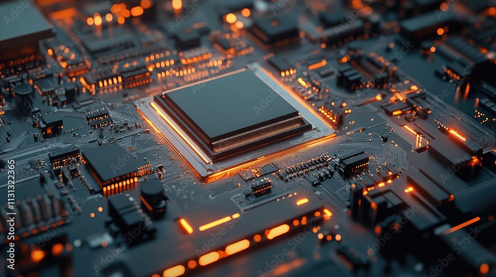 Poster close-up view of a modern cpu socket and processor on a motherboard with glowing circuitry details i