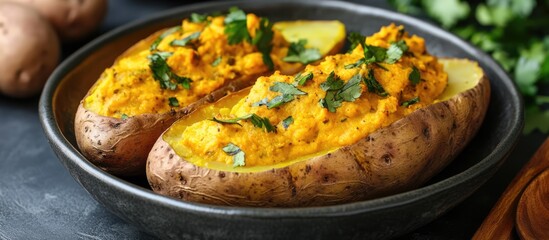 Baked potatoes topped with flavorful curry sauce and fresh herbs served in a rustic bowl on a dark background