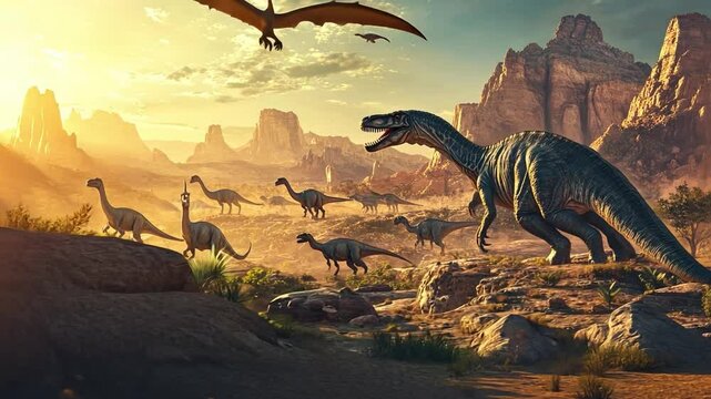 Dinosaur Dawn: A dramatic scene unfolds in the prehistoric dawn as a herd of dinosaurs grazes peacefully while a majestic Pteranodon soars overhead.