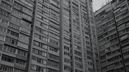 Obraz premium Modern apartment building facade in black and white showcasing architectural design and urban lifestyle.
