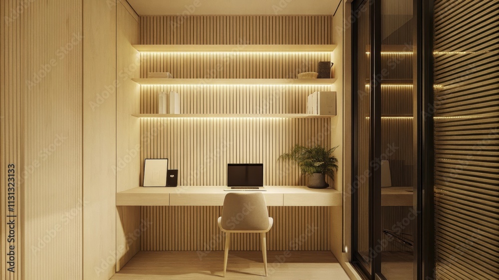 Poster a compact home office featuring a sleek floating desk made of light wood paired with a minimalist ch