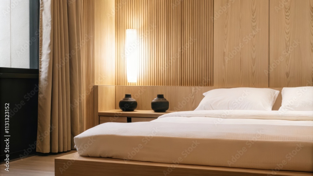 Poster A tranquil bedroom adorned with a platform bed dressed in crisp white linens Scandinavianstyle nightstands and delicate ceramic vases bathed in soft natural light filtering through