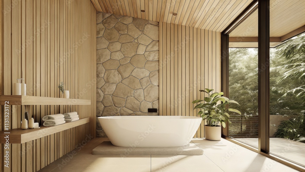 Poster A peaceful bathroom with a freestanding soaking tub positioned under a large window surrounded by natural stones simple wooden shelving with neatly rolled towels and a few potted