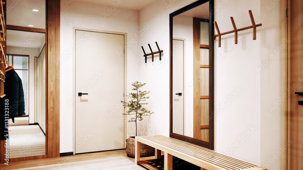 Poster an entryway that emphasizes simplicity featuring a cleanlined bench made of light wood a minimalist 