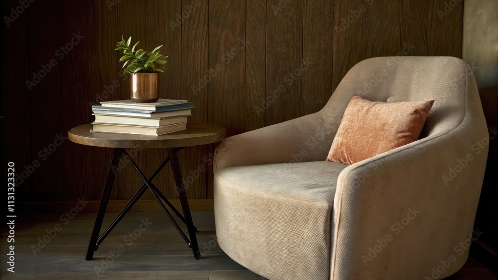 Poster a cozy reading nook nestled in a corner with a plush irregularly shaped armchair upholstered in soft