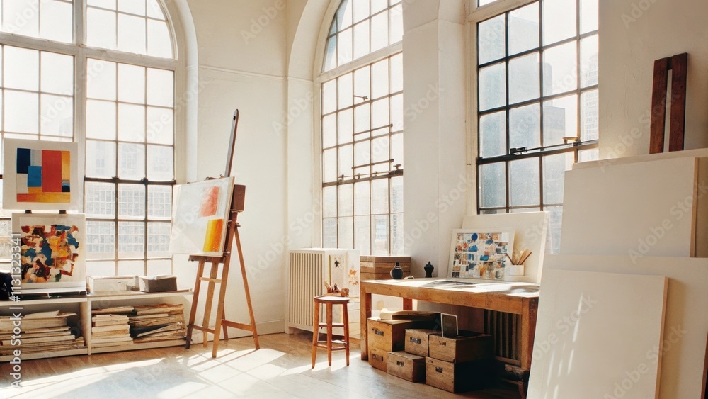 Poster A creative studio space with an expansive easel and large windows offering plenty of light. The room is filled with unfinished canvases vibrant paints and a work desk made from