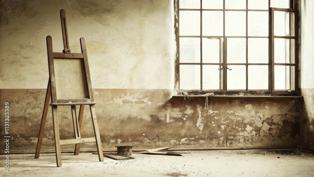 Aufkleber An artists studio with uneven plastered walls exposing patches of natural material. An old wooden easel stands in front of a large window while paintsplattered floors and hanging