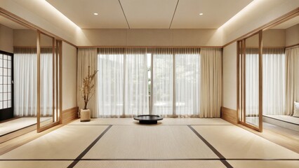 Obraz premium A peaceful meditation room with a tatami mat and a low circular platform for sitting. Soft diffused light shines through curtains illuminating an arrangement of smooth stones and a