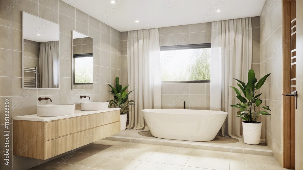 Poster a serene bathroom features a freestanding tub in a bright airy setting. largeformat tiles in muted t