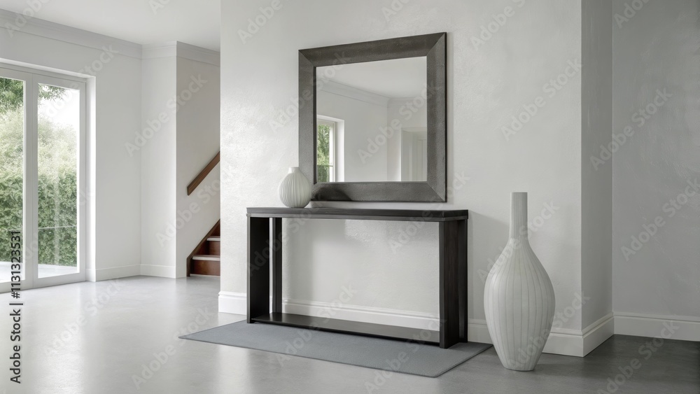 Poster An entryway presents a sleek console table with a monochromatic vase and a large mirror framed in gray. The floor is polished concrete and a soft gray runner extends invitingly