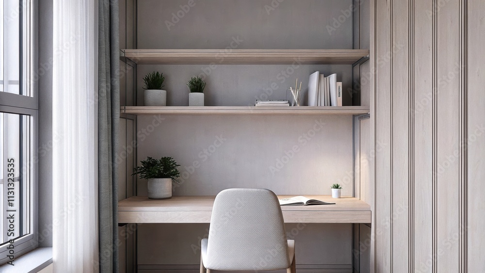 Poster a serene home office with a sleek unobtrusive desk made of light wood and a simple ergonomic chair. 