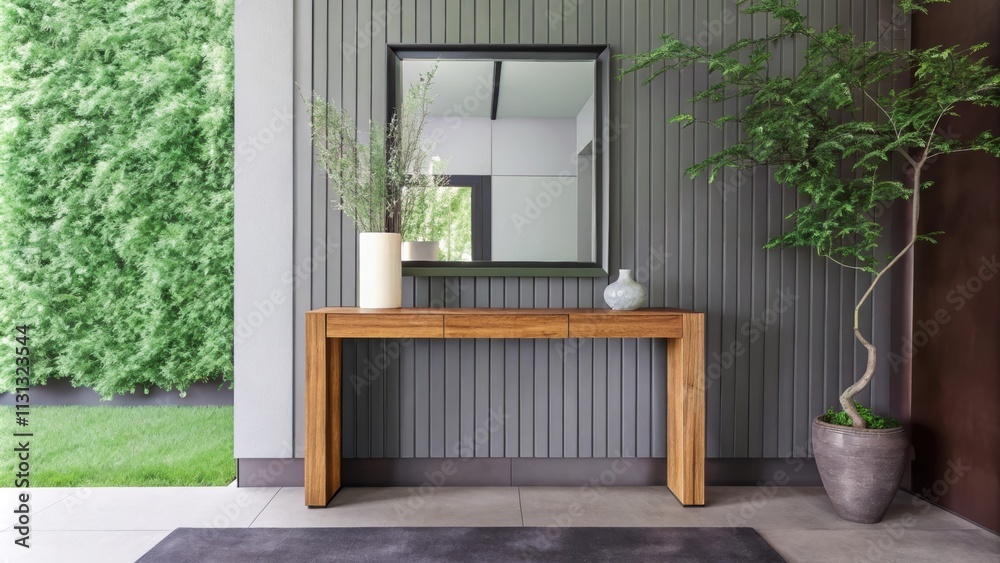 Poster An entryway showcases a minimalist console table in a soft wood tone against a blank backdrop. A single large mirror reflects light into the space while a pair of understated vases