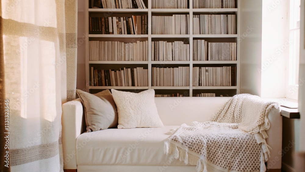 Poster A cozy reading nook features a lowprofile white couch with an array of textured white throw blankets. A tall bookshelf against one wall holds carefully arranged monochromatic books