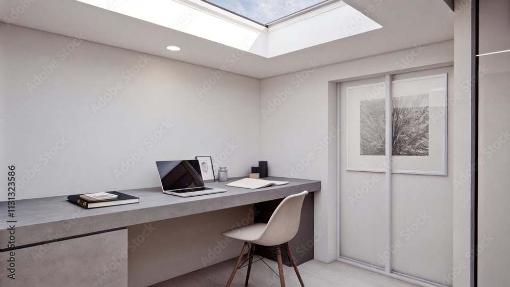 Poster An office workspace features a streamlined gray desk and a simple chair both embodying minimalist design. The room is bathed in natural light from a skylight highlighting the