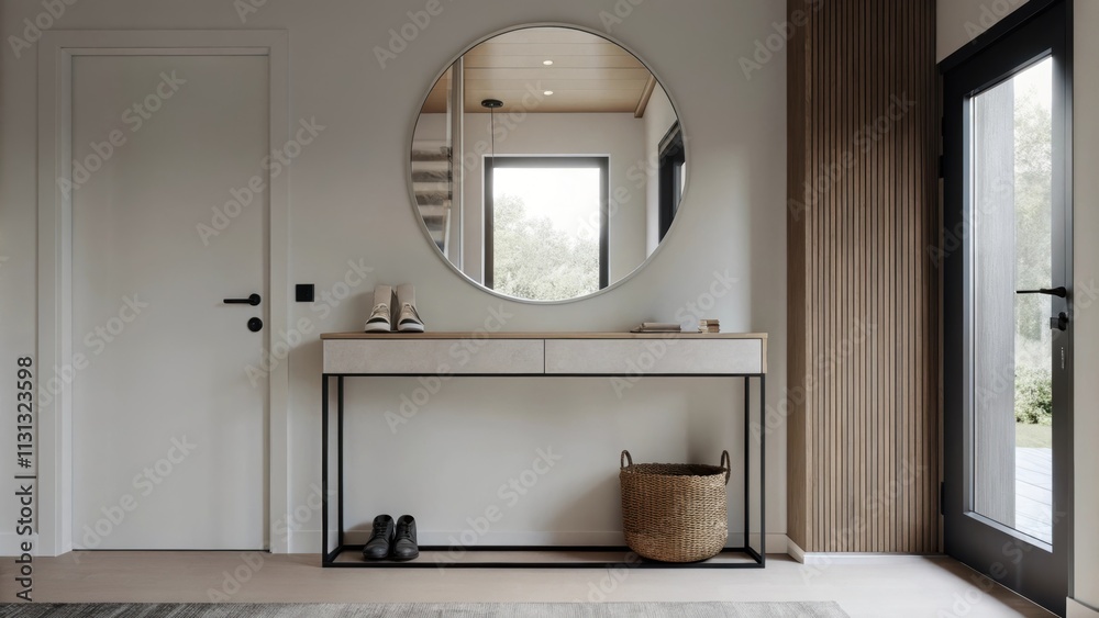 Aufkleber an elegant entryway featuring a sleek console table with minimal decor. a large round mirror reflect