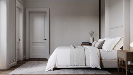 A tranquil bedroom is dominated by a plush white bed adorned with various textures of white linens and pillows. The walls are painted a soft eggshell and a simple gray rug anchors