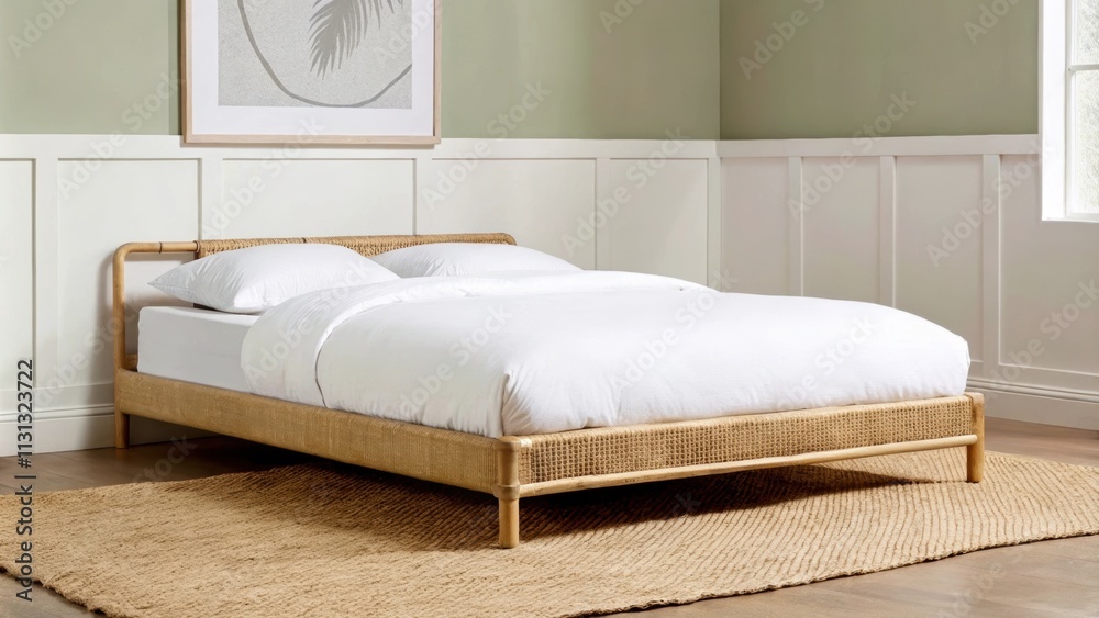 Poster a tranquil bedroom with a platform bed made of bamboo dressed in crisp white linens. the walls are p