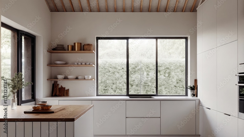 Poster a minimalist kitchen showcases matte white cabinetry with open shelving displaying curated dishware.
