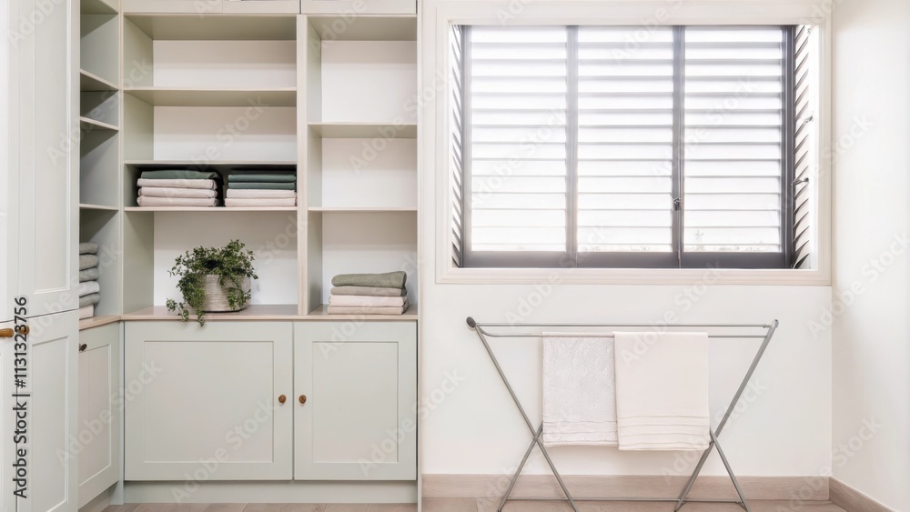 Aufkleber A stylish laundry room is designed with open shelves displaying neatly folded linens in soft tones. A minimalist drying rack stands by a window surrounded by potted herbs. The
