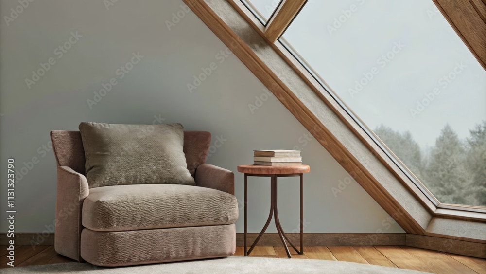 Aufkleber A lofted reading nook with a plush oversized armchair in muted tones facing a large unobstructed window. A small round side table holds a single book and the walls are free of