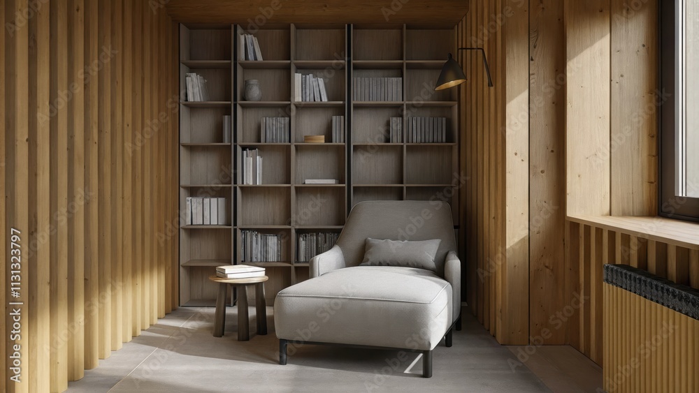 Poster a cozy reading nook features a lowslung oversized chair accentuated by a small side table. the walls