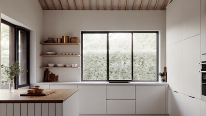 Fototapeta premium A minimalist kitchen showcases matte white cabinetry with open shelving displaying curated dishware. A large window allows for bright airy ventilation while a wooden island serves