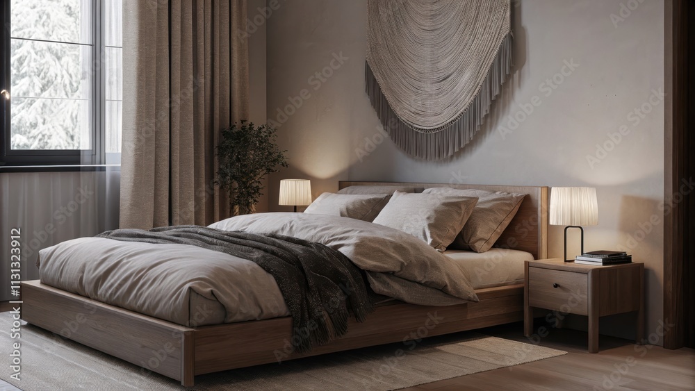 Poster A tranquil bedroom designed with a low wooden platform bed dressed in soft linen bedding. Simple nightstands display understated lamps with paper shades and a large textured wall