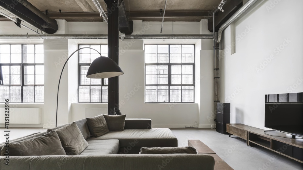 Poster A multifunctional loft space with high ceilings featuring a large low sectional sofa facing a simple media console. An oversized floor lamp with an abstract design illuminates the