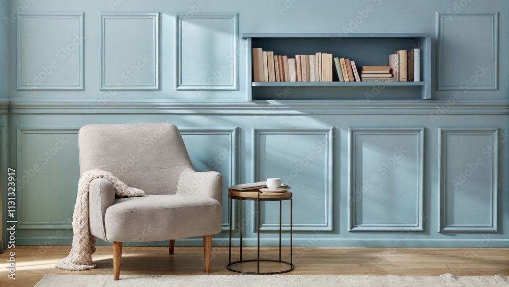 Poster a cozy reading nook featuring a light blue accent wall a plush armchair in soft gray upholstery and 