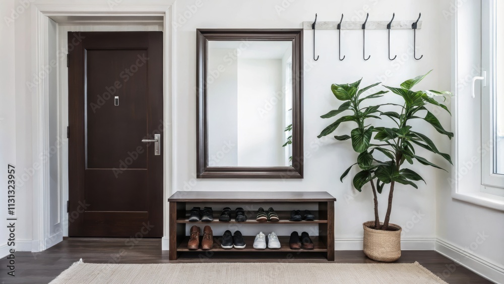 Poster a welcoming entryway with a sleek open shoe rack made of natural wood framed by two large verdant po