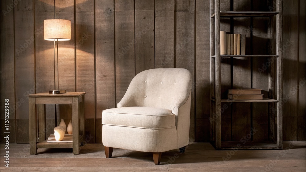 Poster A cozy reading corner with a lowbacked chair upholstered in soft cream fabric a small side table with a single lamp and a tall narrow bookshelf containing a few carefully arranged