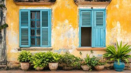 Facade of an old house with blue shutters and vibrant plants in decorative pots creating a charming rustic atmosphere
