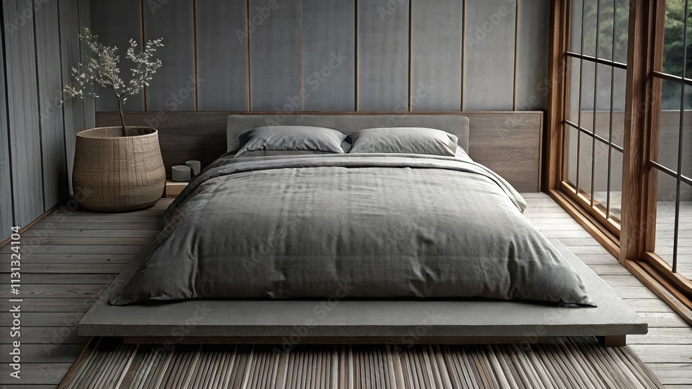 Poster a serene bedroom featuring a platform bed with a simple linen duvet flanked by minimalistic nightsta