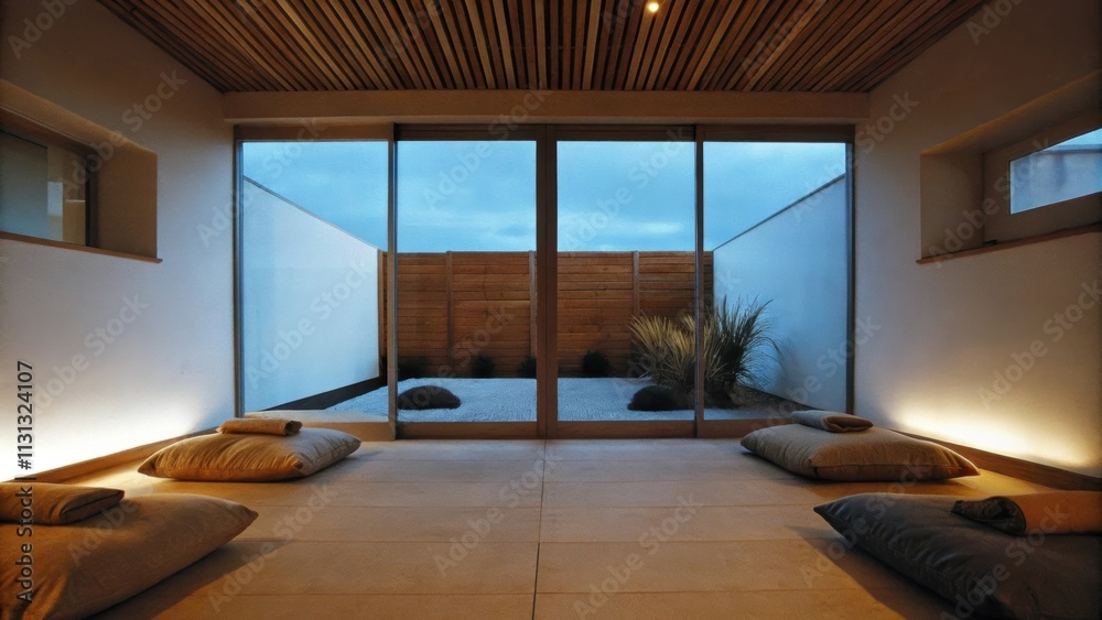 Poster a tranquil meditation nook with floor cushions in muted earth tones surrounded by white walls and a 