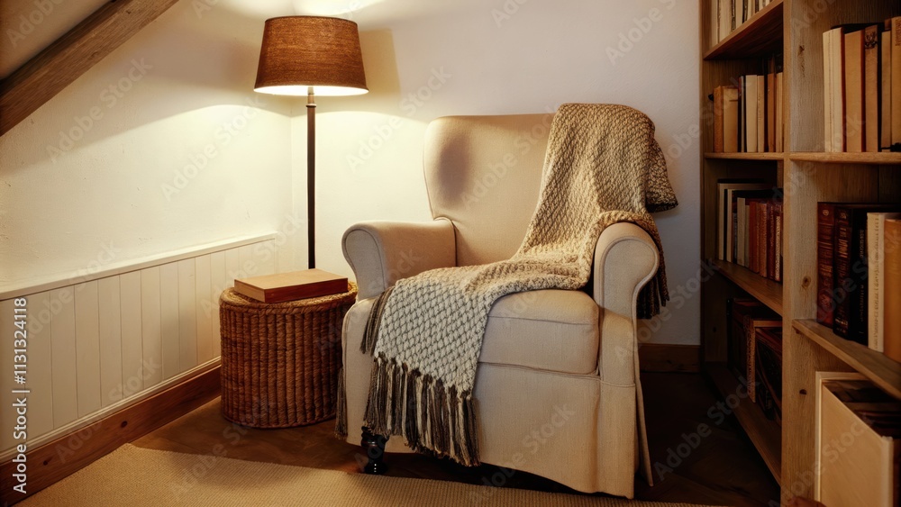 Poster A cozy reading nook in a corner showcasing a plush armchair with a knitted blanket draped over it a small side table made from reclaimed wood and a floor lamp that casts a gentle