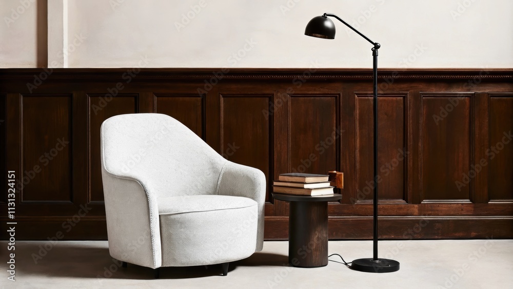 Poster a cozy reading nook with a curved light gray armchair next to a slim black floor lamp. a small round