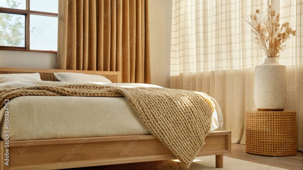 Aufkleber a calming bedroom with a platform bed draped in neutral linens and an oversized knit throw at the fo